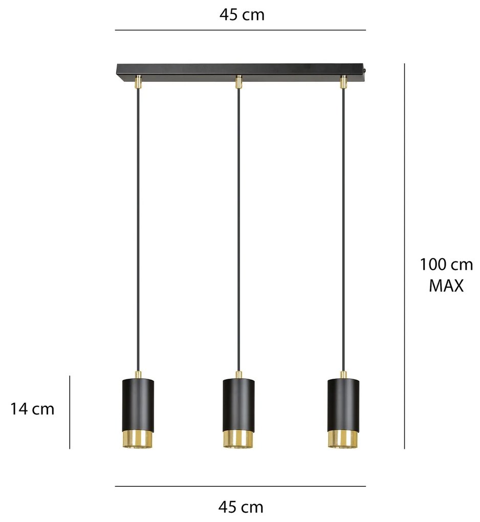 Lampadario 3 Luci Fumiko Con Cilindri In Acciaio Nero E Oro