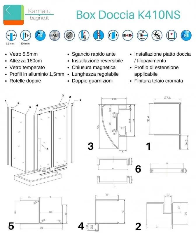 Kamalu - Box doccia 3 lati 80x100x80 apertura scorrevole vetro trasparente K410NS
