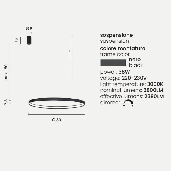 Lampada a sospensione con cerchio orizzontale in metallo Nero 80 cm NOVA