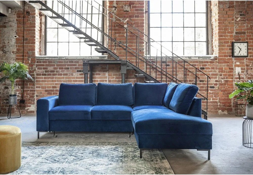 Divano letto angolare in velluto blu scuro (angolo destro) Lofty Lilly - Miuform