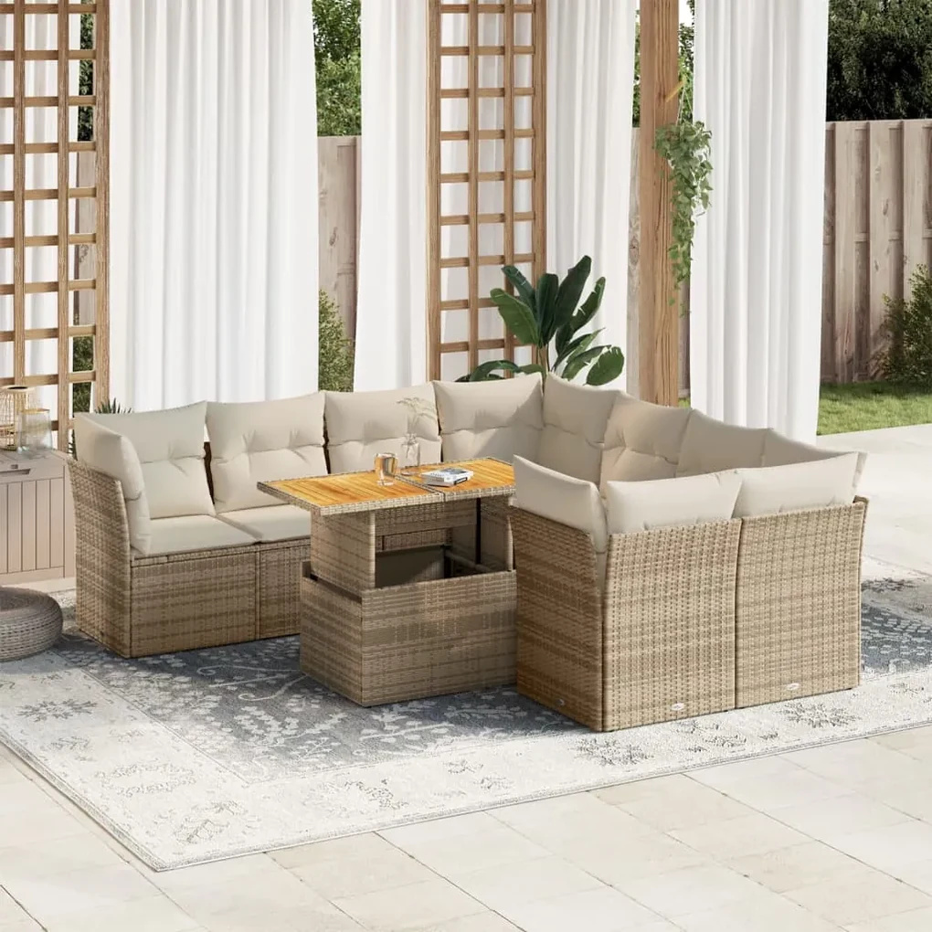 Set divano da giardino 9 pz con cuscini beige in polyrattan