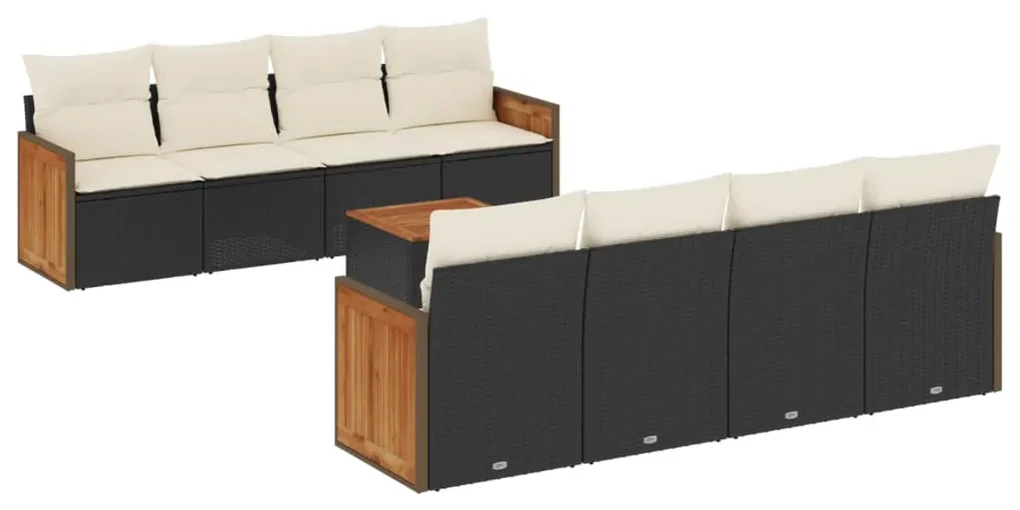 Set divani da giardino 9 pz con cuscini nero in polyrattan