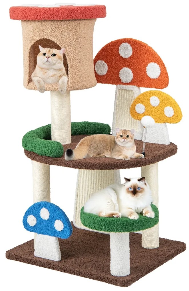 Costway Albero per gatti a fungo 4-in-1 con condo, piattaforma e palla a molla, Torre multi-livello per gatti Colorato