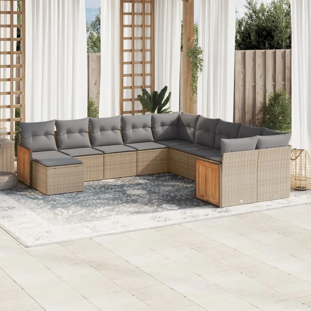 Set Divani da Giardino 11 pz con Cuscini Beige in Polyrattan