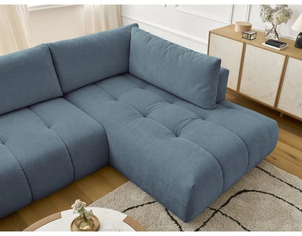 Divano angolare blu allungabile e con contenitore (penisola a destra/a U) con rivestimento in ciniglia Fuji – Bobochic Paris