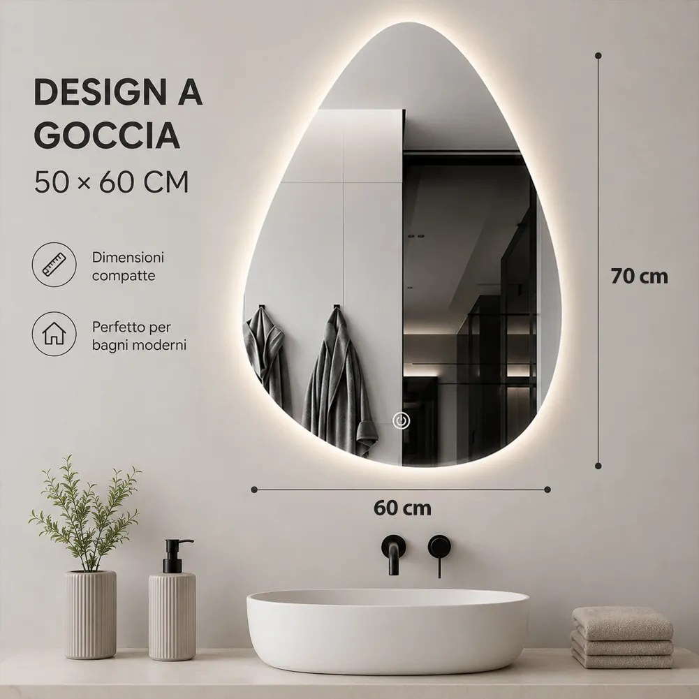 Specchio a Goccia 60x70 cm LED a 3 Colori Dimmerabile Accensione Touch...