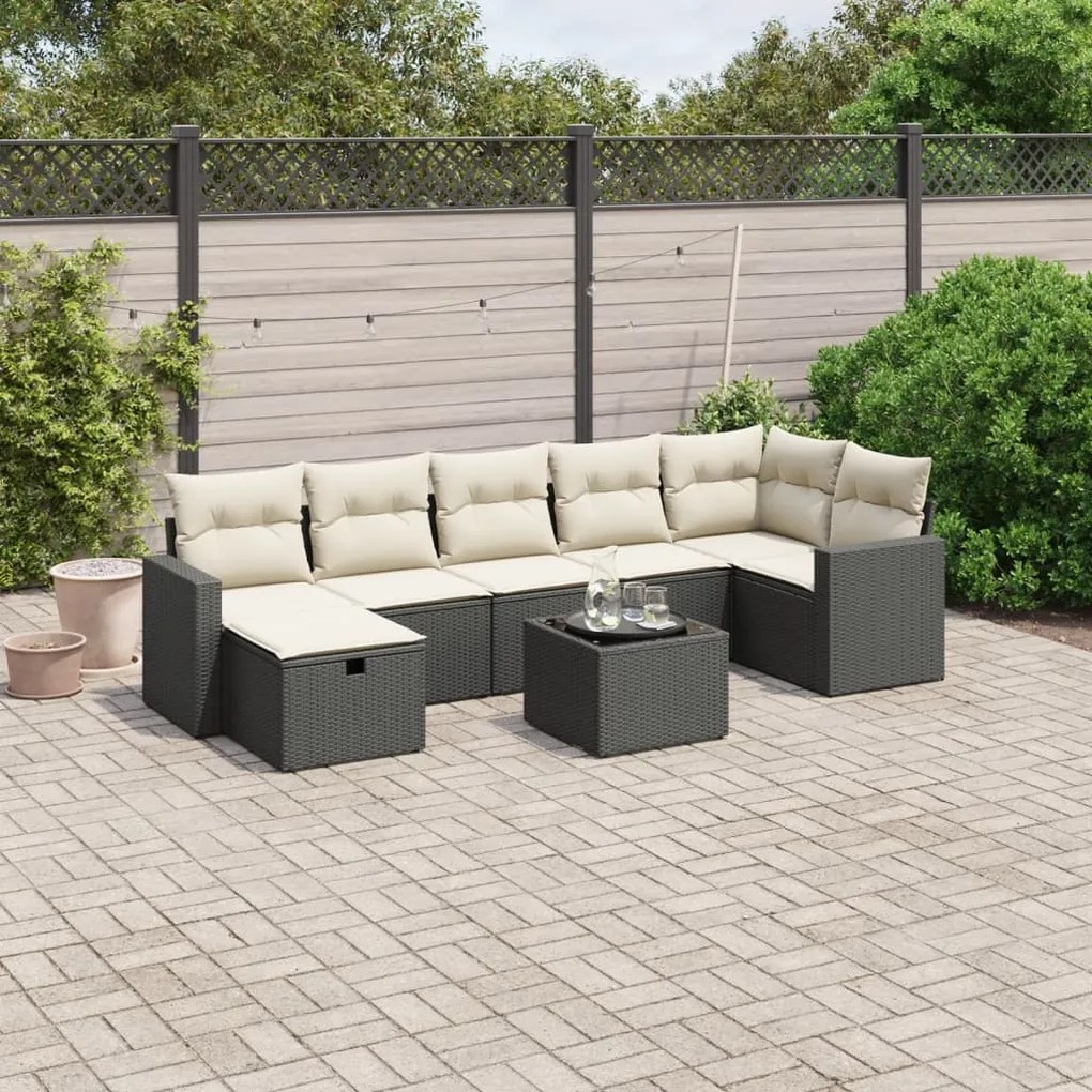 Set divani da giardino con cuscini 8 pz nero in polyrattan