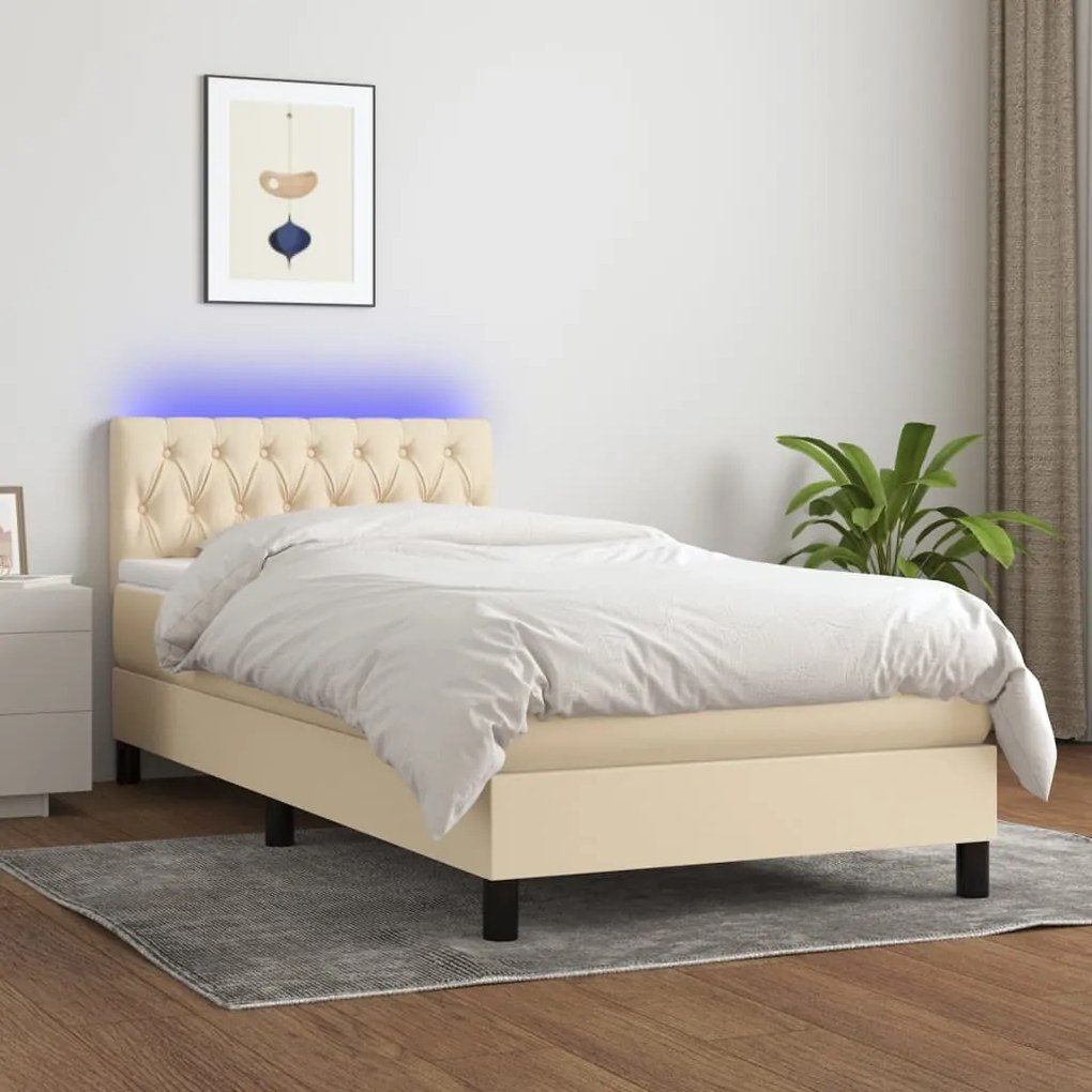 Letto a molle con materasso e led crema 100x200cm in tessuto