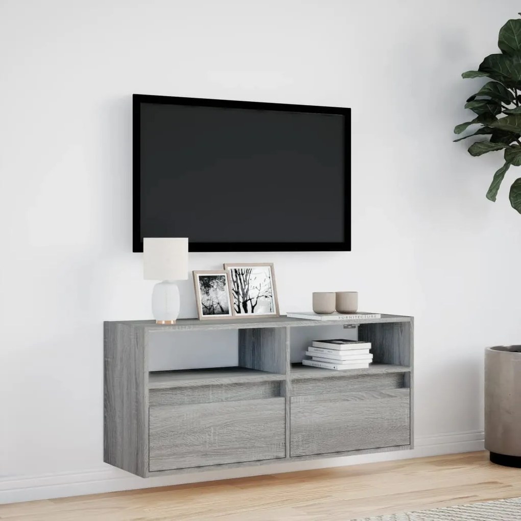 Mobile tv a parete con luci led grigio sonoma 100x31x45 cm