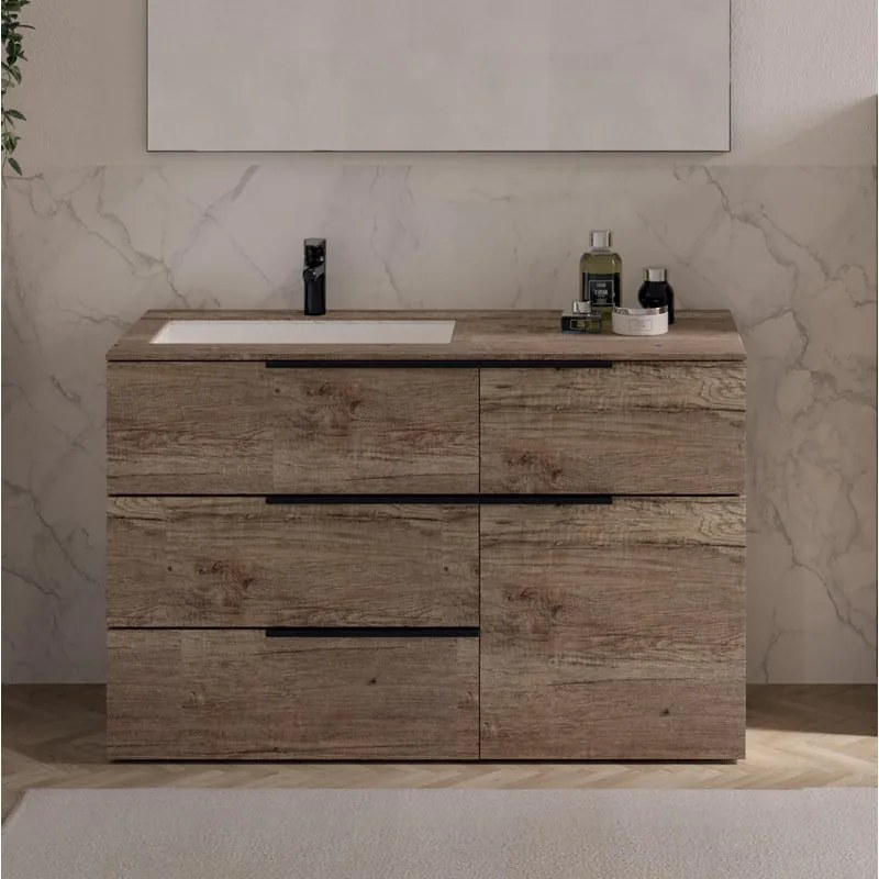 Mobile sottolavabo e lavabo Solid rovere sable L 120 x H 92 x P 51 cm 1 vasca, 1 anta 4 cassetti