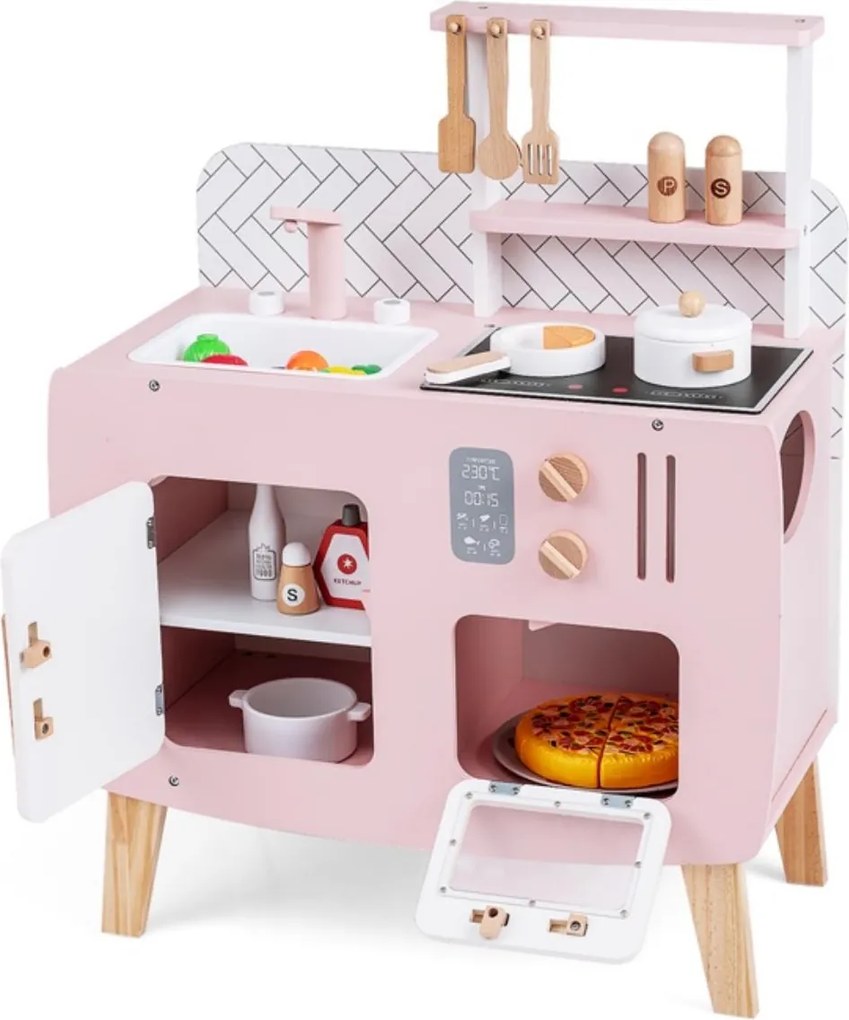 Costway Cucina giocattolo per bambini set cucina in legno con fornelli lavandino rubinetto e forno, Cucina set da chef gioco