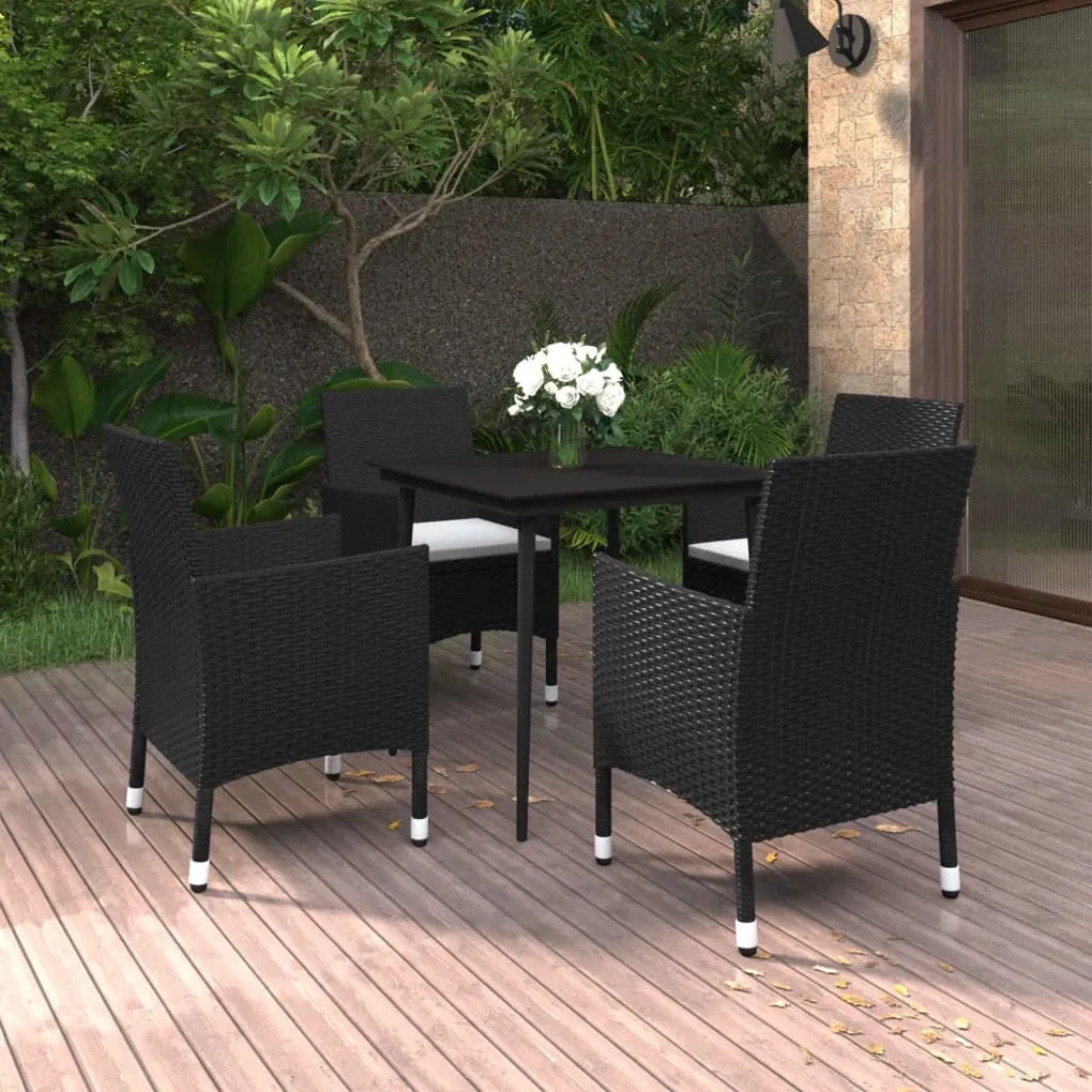 Set da pranzo per giardino 5 pz con cuscini polyrattan e vetro