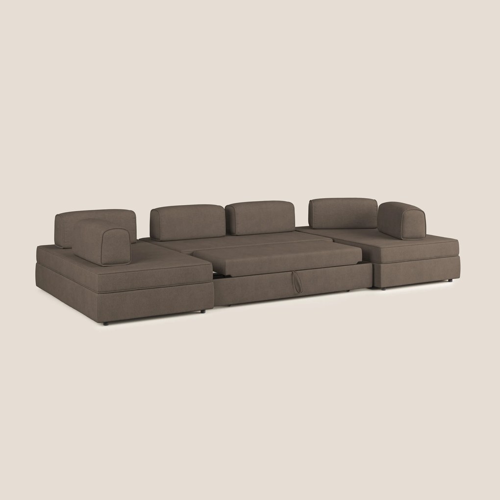 Liberty divano panoramico con pouf estraibile e schienali movibili in tessuto morbido impermeabile T02 marrone