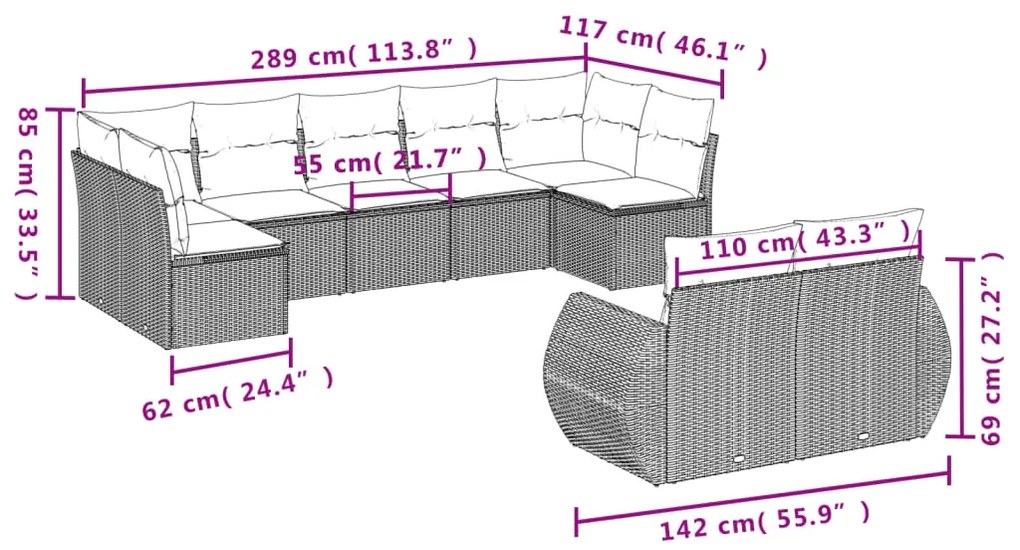 Set Divano da Giardino 9 pz con Cuscini Grigio in Polyrattan