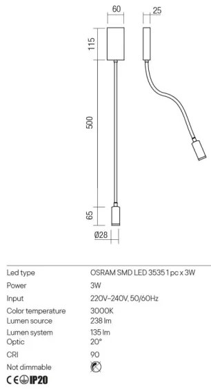 Redo 01-2755 - Lampada LED flessibile WALLIE LED/3W/230V USB CRI 90 nera