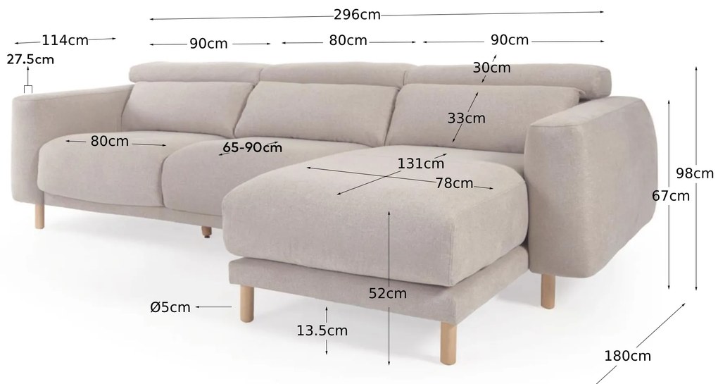 Kave Home - Divano Singa 3 posti con chaise longue destra beige 296 cm