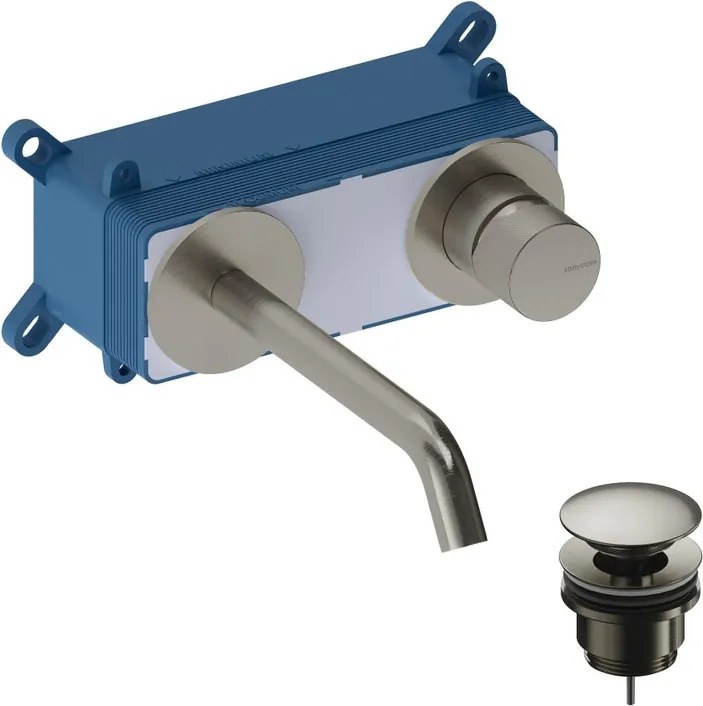 Rubinetto per lavabo monocomando a parete per lavabo bocca 18cm + corpo incasso + piletta di scarico nickel brushed