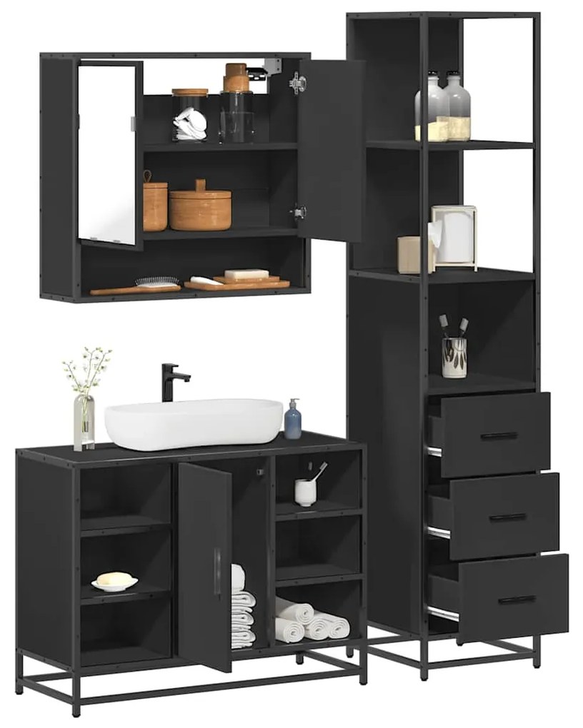Set Mobili Da Bagno 3 Pz Nero İn Legno Multistrato /