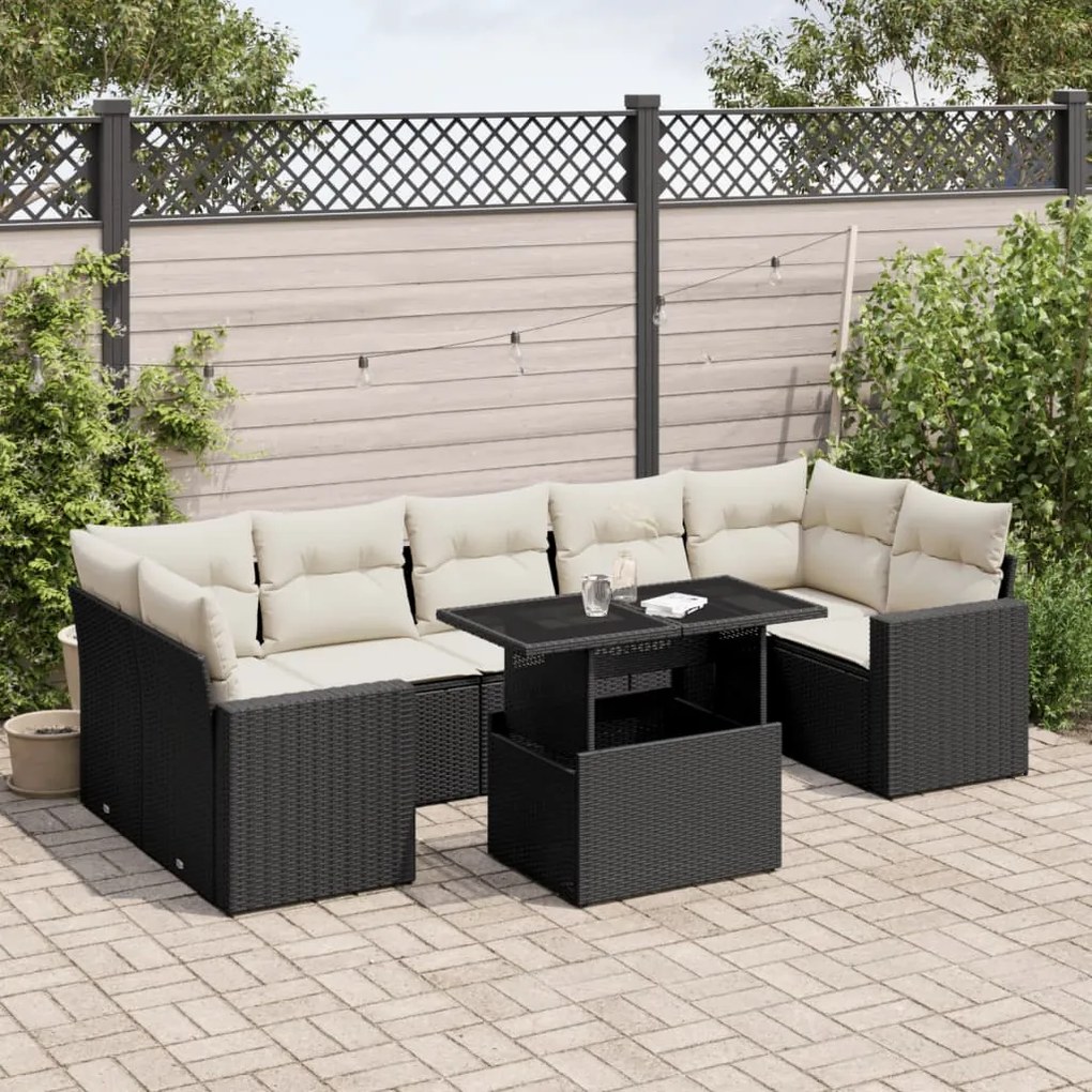 Set divani da giardino con cuscini 8 pz nero in polyrattan