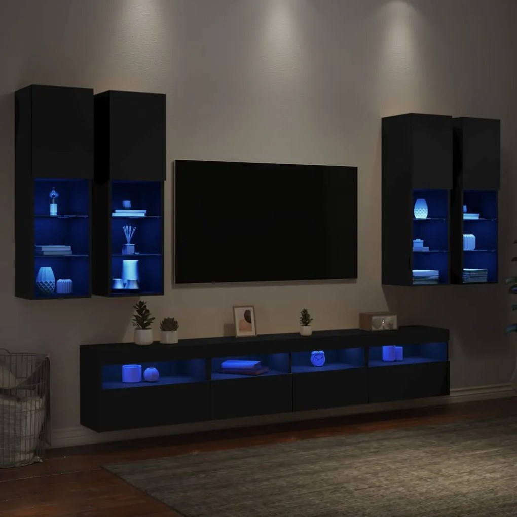 Set Mobili TV a Muro 7 pz con Luci LED Nero