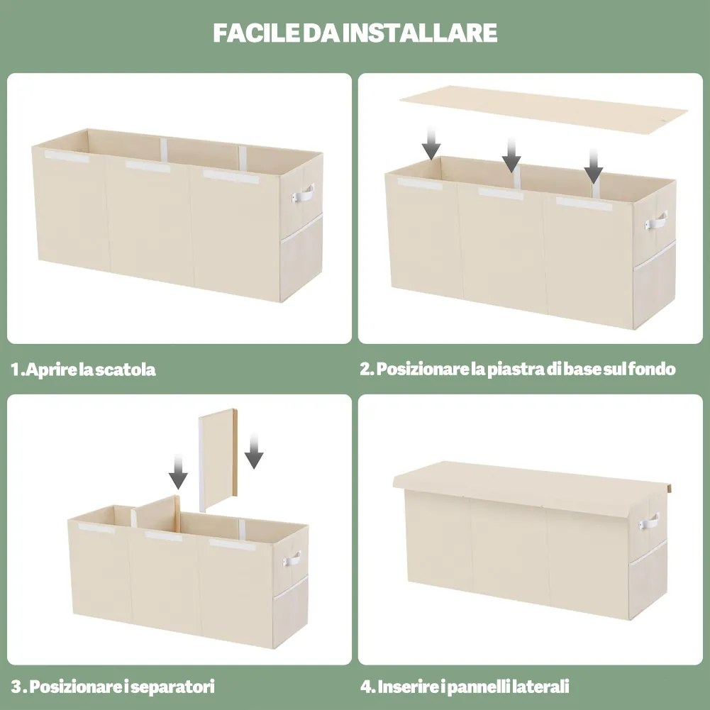 Box Contenitore per Giocattoli 91,5x32x40,5 cm Pieghevole 3 Scomparti 118L in TNT Beige...