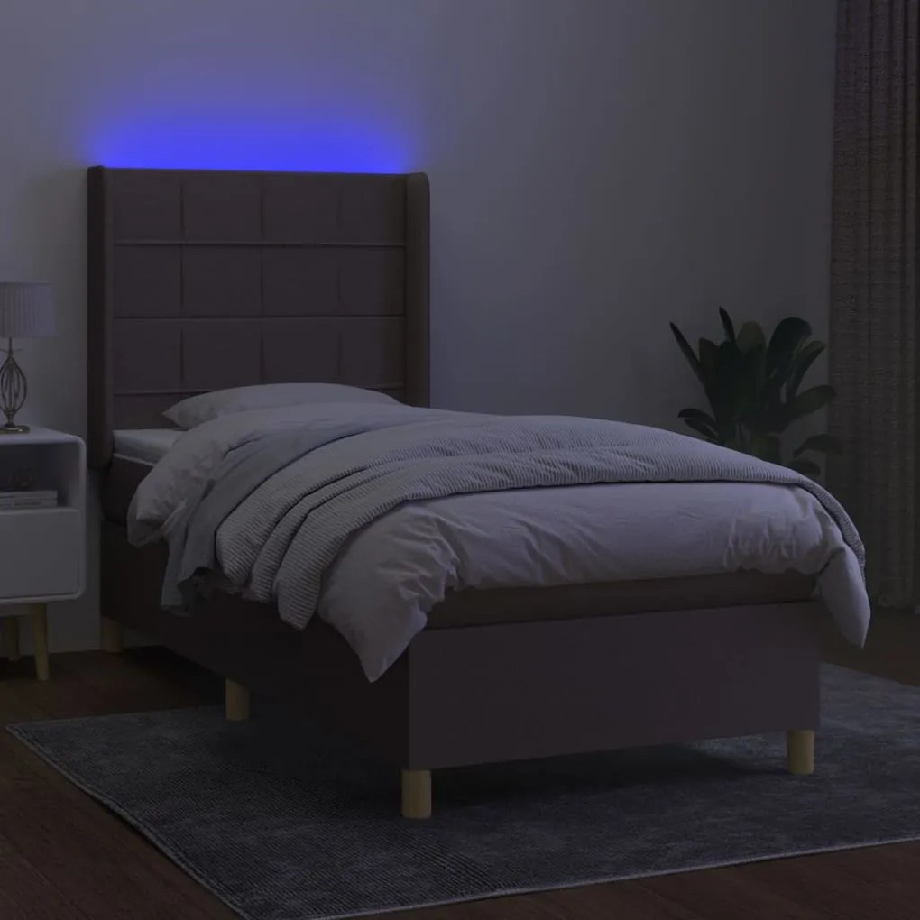 Letto a molle con materasso e led tortora 90x200 cm in tessuto