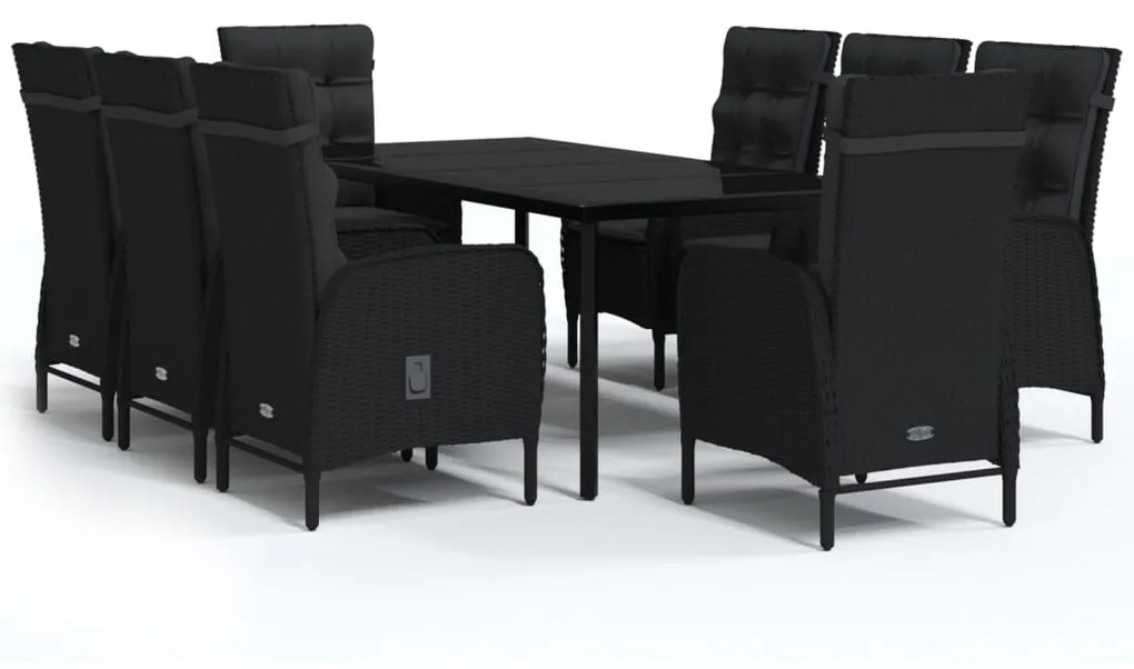 Set da pranzo per giardino 9 pz con cuscini nero