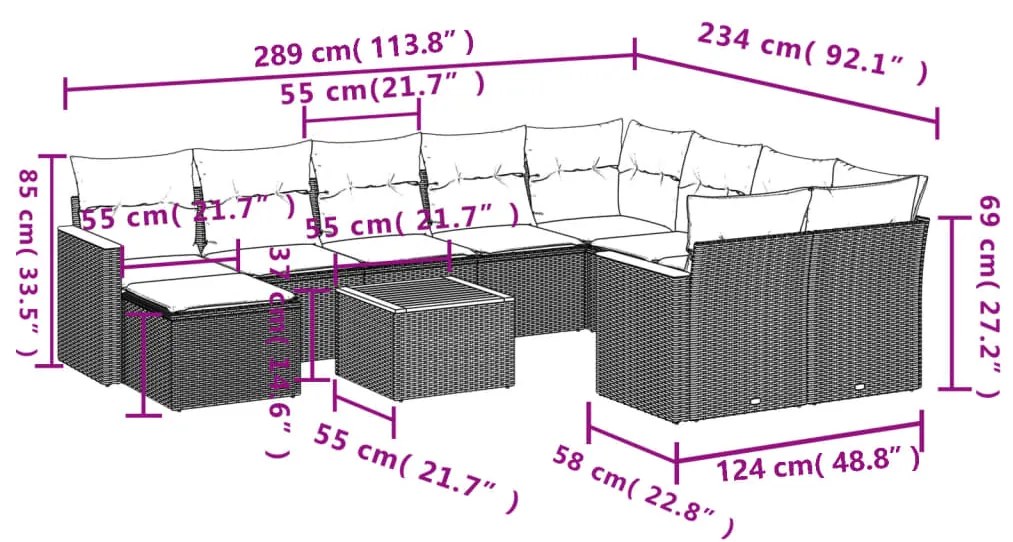 Set divani da giardino 11 pz con cuscini in polyrattan nero