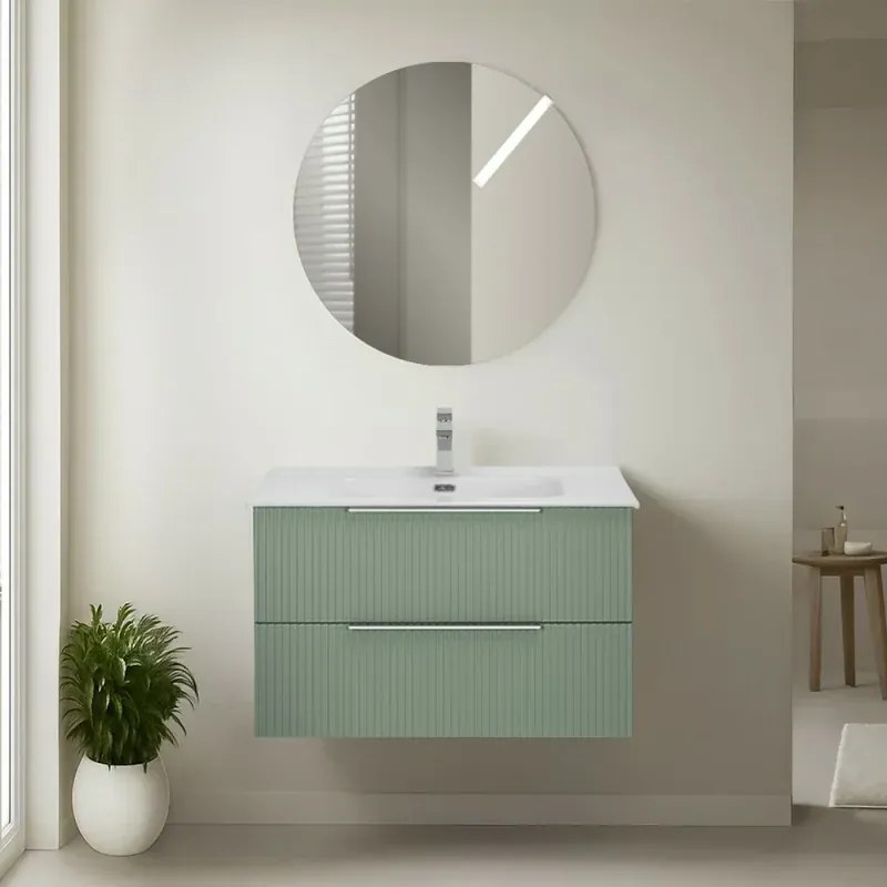 Mobile bagno sospeso 100 cm verde cannettato con lavabo e specchio tondo Zena
