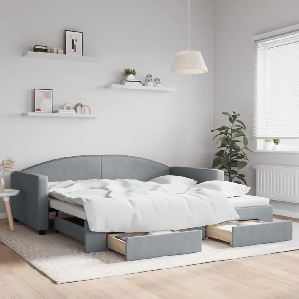 Divano Letto Estraibile Cassetti Grigio Chiaro 100x200 Tessuto /