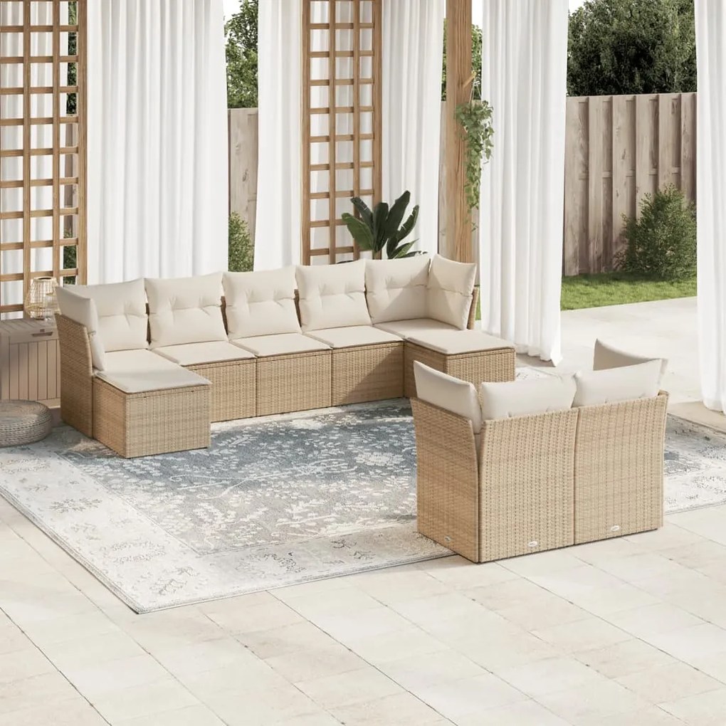 Set Divano da Giardino 9 pz con Cuscini Beige in Polyrattan