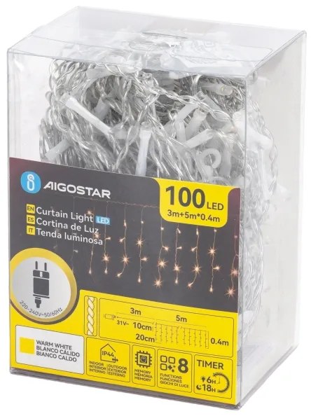Aigostar - Catena luminosa natalizia da esterno 100xLED/8 funzioni 5x0,4m IP44 bianco caldo
