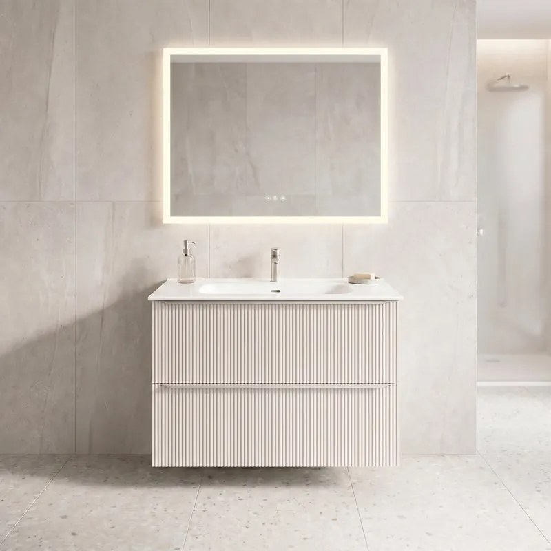 Mobile bagno sospeso Neo Groove L 91 x H 66 x P 49 cm, 2 cassetti con maniglia cromo, lavabo in ceramica con vasca centrale Maya incluso, lino cannettato