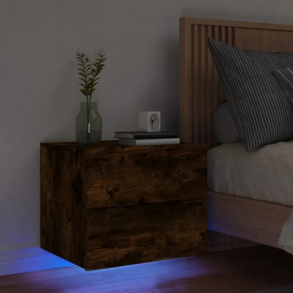 Comodino A Parete Con Luci Led Rovere Fumo /