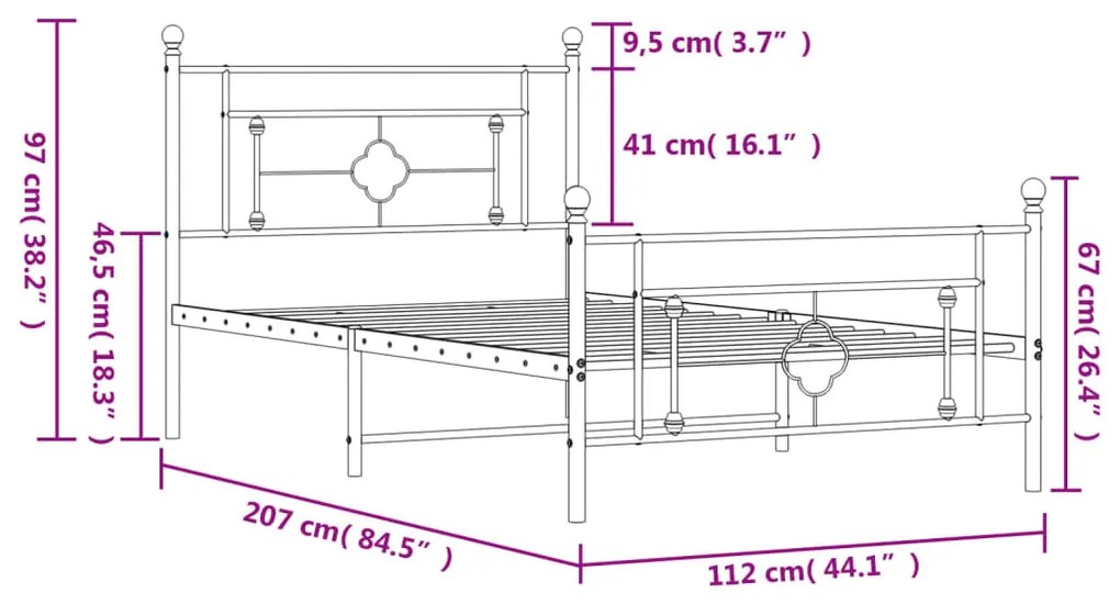 Giroletto con Testiera e Pediera Metallo Nero 107x203 cm