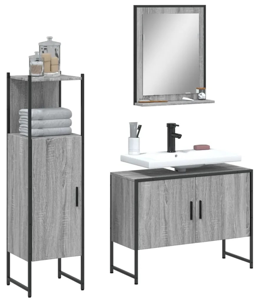 Set Mobili Da Bagno 3 Pz Grigio Sonoma İn Legno Multistrato /