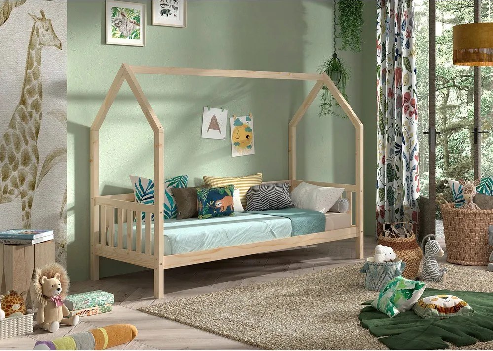 Letto da bambini a forma di casa di colore naturale in pino massiccio con rete inclusa 90x200 cm Cabane – Vipack