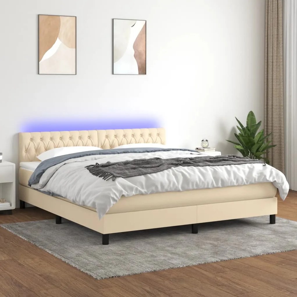 Letto a molle con materasso e led crema 160x200 cm in tessuto