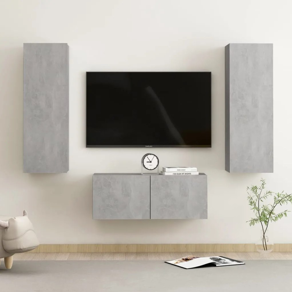 Set Di Mobili Porta Tv 3 Pz Grigio Cemento İn Legno Multistrato /