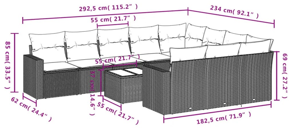 Set divani da giardino 11 pz con cuscini in polyrattan grigio