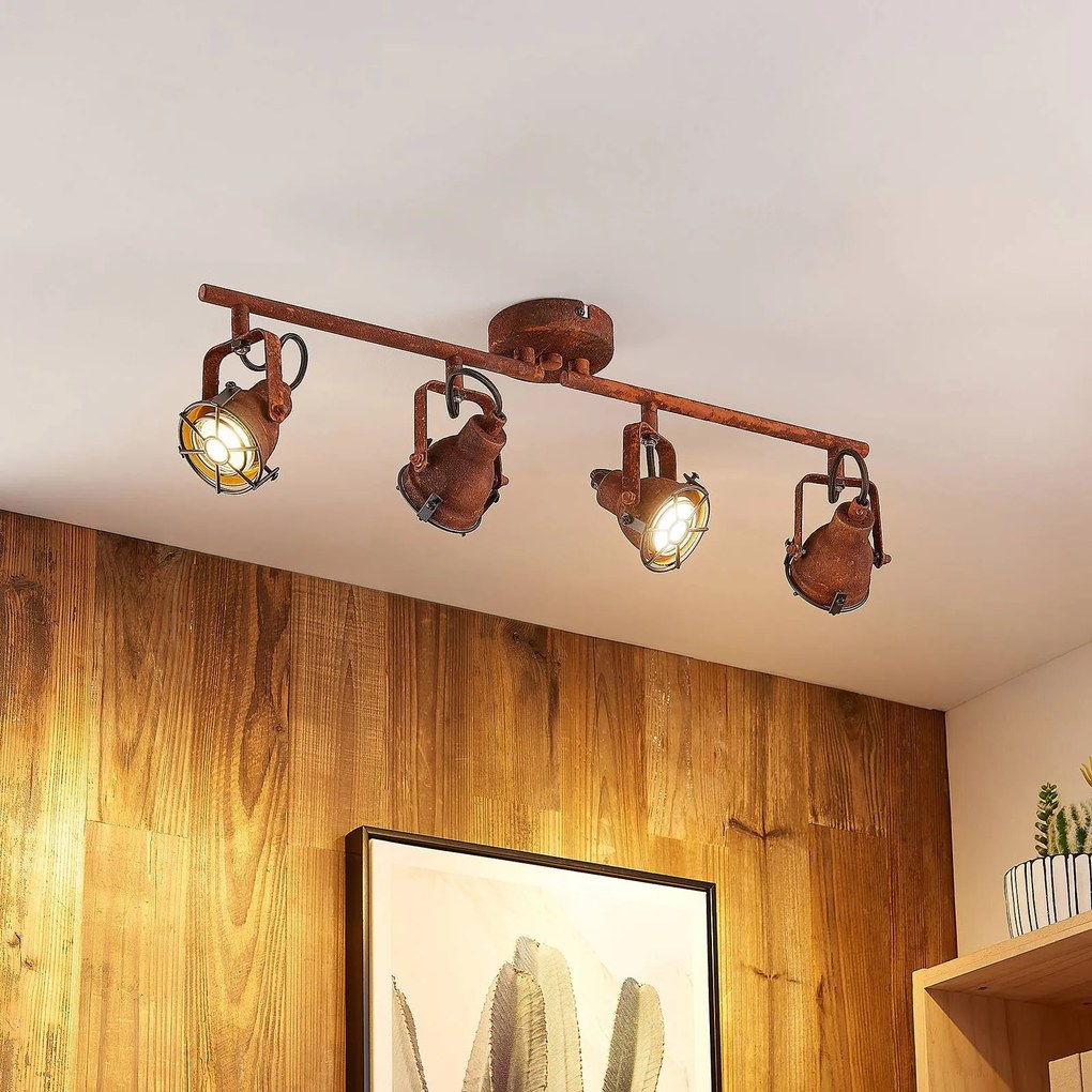 Lindby, faretto da soffitto Scabra, 63 cm, marrone ruggine, a 4 luci, metallo Scabra dimmerabile, Marrone / Ruggine, Soggiorno / Sala da pranzo, Metallo, Industriale, Faretto