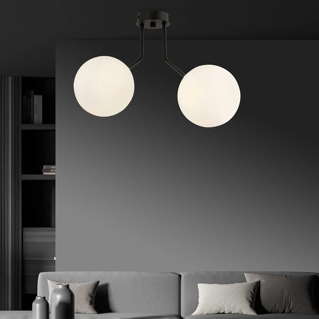 Plafoniera Moderna 2 Luci Orione In Acciaio Nero E Sfere Vetro Opale