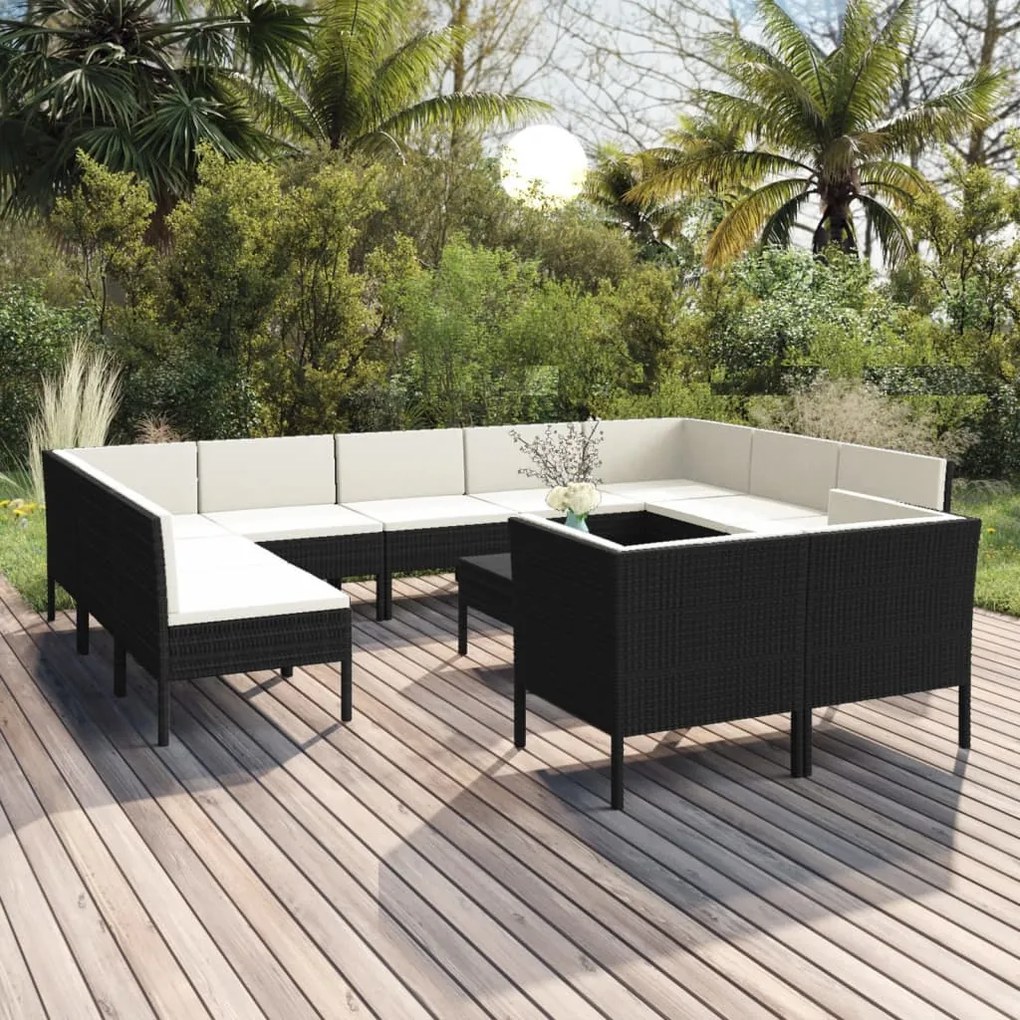 Set divani da giardino 12 pz con cuscini in polyrattan nero