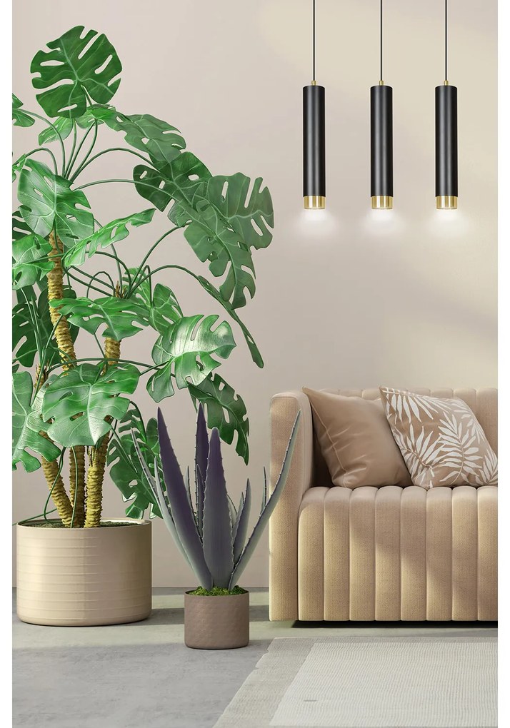 Lampadario 3 Luci Brunilde In Acciaio Nero E Tubolari In Nero E Oro