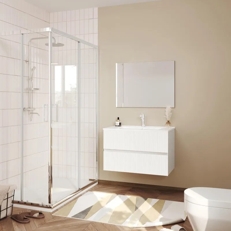 Mobile bagno sospeso con lavabo e specchio Santorini L 80.2 x H 50.6 x P 44 cm bianco lucido cannettato e bianchi cannettato per vasca centrale