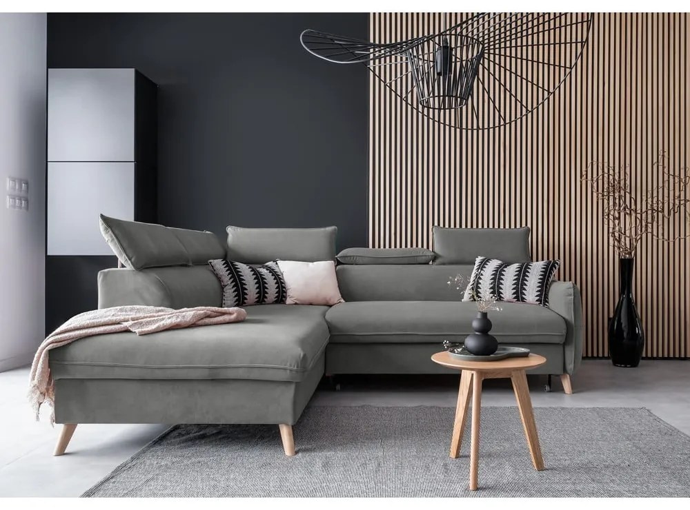 Divano letto angolare in velluto grigio chiaro (angolo sinistro) Sweet Harmony - Miuform