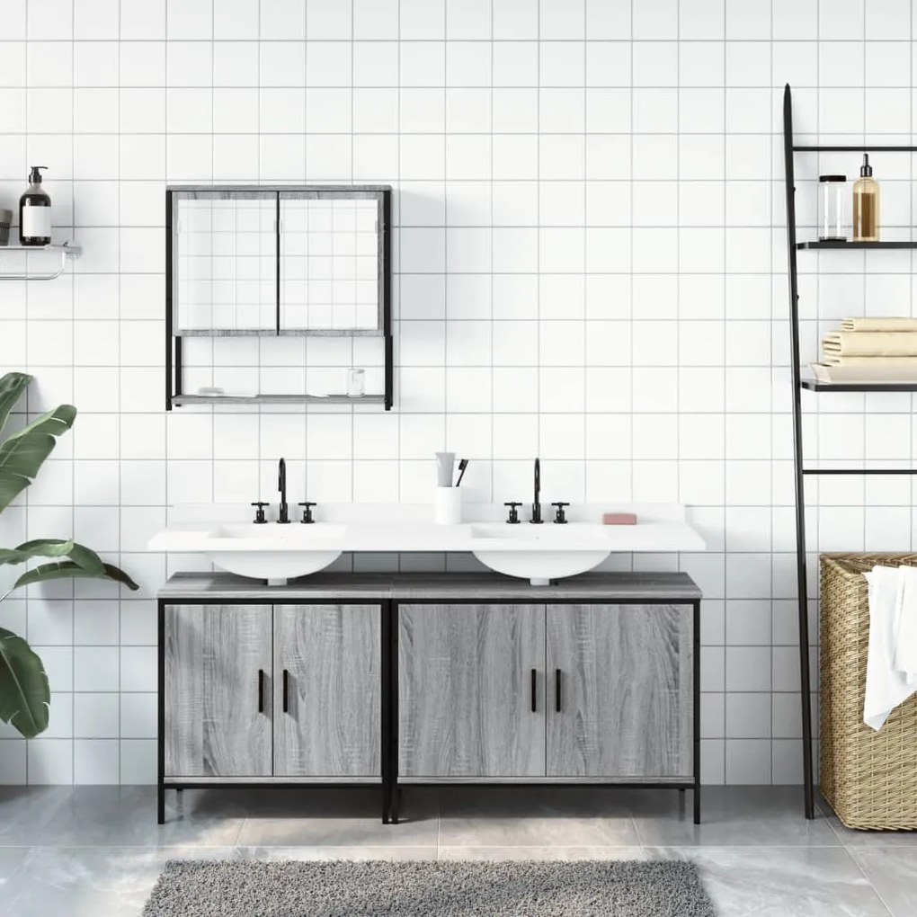 Set mobili da bagno 3 pz grigio sonoma in legno multistrato