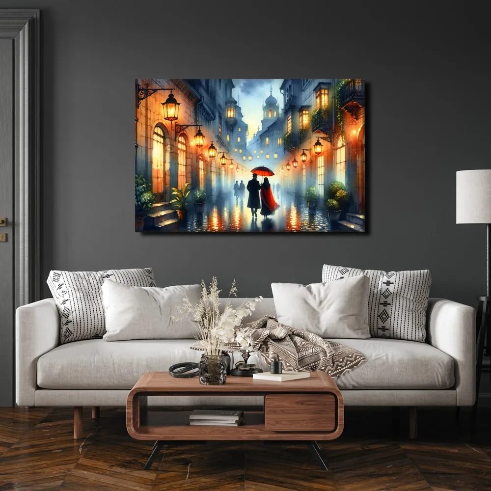 Quadro su tela – Passeggiata romantica nella città piovosa