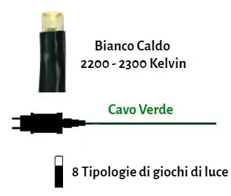 Catenaria Natalizia LED 8m con 8 GIOCHI DI LUCE, Cavo VERDE, IP44 Colore Bianco Caldo 2200 - 2300 °K