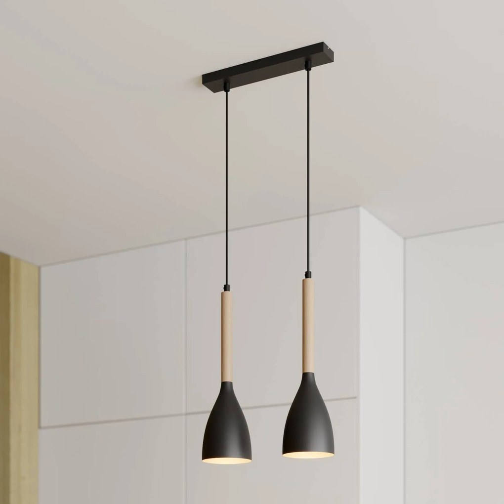 Luminex Lampada a sospensione Muza, 2 luci, nero/legno chiaro